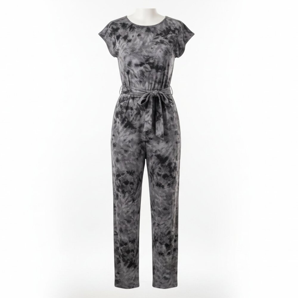 Chic Gray Tie-Dye Belted Jumpsuit – Effortless Style & Comfort